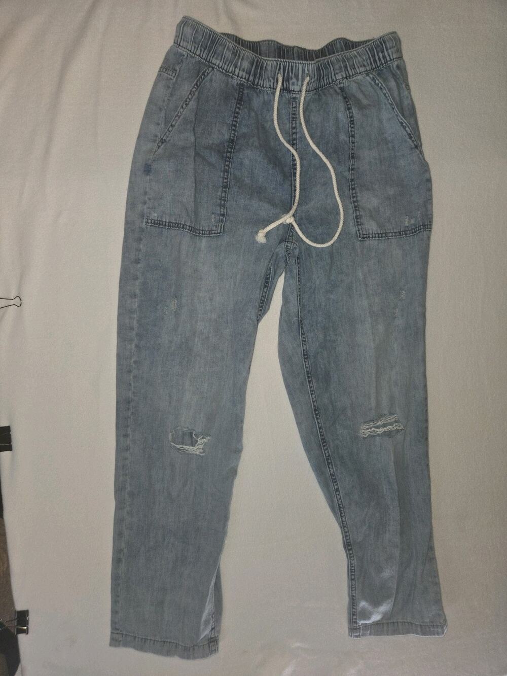 Aerie Distressed Denim Pull On Pants Elastic Drawstring Waist Size M